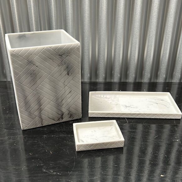 MODA TRIPOLI RESIN MARBLE WASTE BASKET, TRAY, & SOAP DISH SET - Picture 1 of 11